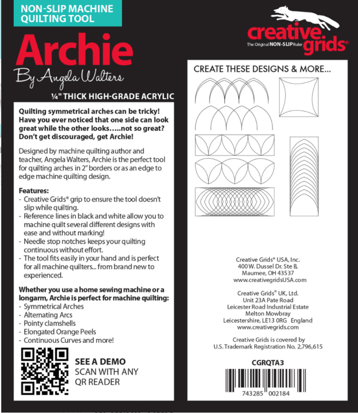 Archie Machine Quilting Ruler Designed By Angela Walters & Creative Grids