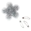 Singer Curved Safety Pins in Flower Hinged Clear Plastic Container. Lid Closed, three safety pins outside of container for close up.