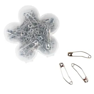 Singer Curved Safety Pins in Flower Hinged Clear Plastic Container. Lid Closed, three safety pins outside of container for close up.